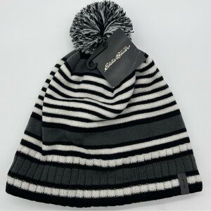 Eddie Bauer NWT Black & White Unisex Striped Pom Beanie Winter Hat OS